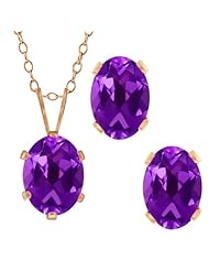 2.60 Ct Oval Purple Amethyst Gold Plated Silver Pendant Earrings Set 18" Chain