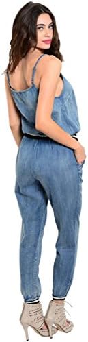 Shop the Trends Women's Spaghetti Strap Denim Jumpsuit Medium Blue Drawstring