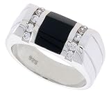 Sterling Silver Gents' Beveled-Rectangular Black Onyx Ring, w/ 2 Light Grooves At each Side & 10 CZ Stones, 3/8 (10mm) wide