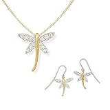 Rhodium Plated Silver/14K Gold Plated CZ Dragonfly French Wire Earrings and Pendant with 18 22K Gold Plated Light Box Chain