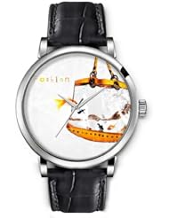 SPRAWL Aanalog Fashion Series Silver Ladies Watches of Genuine Black Leather Strap,Unique Wrist Watch for Women Girls Designed with Fishbowl -shaped bag