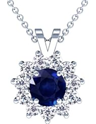 14K White Gold Round Cut Blue Sapphire And Round Diamond Pendant