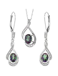 14K White Gold Natural Mystic Topaz Lever Back Earrings & Pendant Set Diamond Accent
