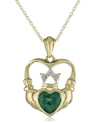 XPY 14k Yellow Gold Created Emerald and Diamond-Accent Claddagh Pendant Necklace, 18"