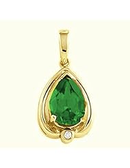 18K Yellow Gold Pear Cut Chatham Created Emerald and Diamond Pendant -- LIFETIME WARRANTY