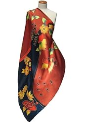SilkNOW Hand Painted Dark Blue and Red 100% Silk Satin Scarf with Beautiful Multi Colored Floral Pattern