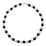 9-10mm White Freshwater Pearl and 10mm Black Onyx Necklace with 14K Gold Clasp, 18