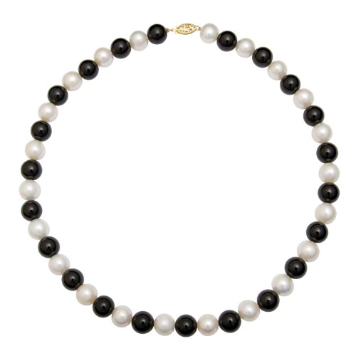 9-10mm White Freshwater Pearl and 10mm Black Onyx Necklace with 14K Gold Clasp, 18