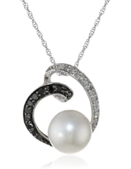 10k White Gold Freshwater Cultured Pearl and Black and White Diamond Pendant Necklace, (0.14 cttw, G-H Color, I3 Clarity), 17"