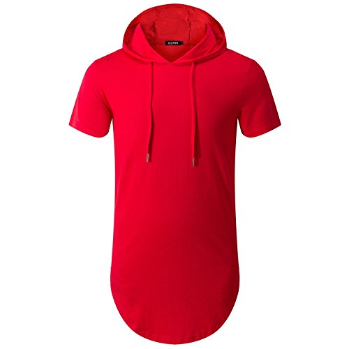 OLRIK Men's Hipster Hip Hop Curved Hem Hoodie Side Zipper T Shirt Red XL