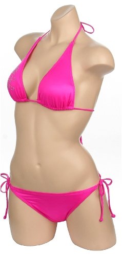 Cute Sexy Bathing Suit Hot Pink Fuchsia Studded Skull Design 2 pc Bikini Tie Side Bottoms Swimsuit