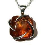 Certified Genuine Honey Amber and Sterling Silver Universe Look Pendant on Italian Rolo Chain, 18"