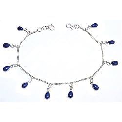 Valentine Gift Sterling Silver Lapiz Gemstone Anklets Pair 10 Inches (ganklt051a)