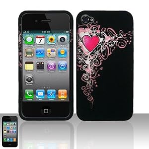 Pink Vine Flower Heart Design Rubberized Snap on Hard Cover Protector Faceplate Skin Case for Apple Iphone 4 4G 16GB 32GB + Front & Back LCD Screen Guard Film (Free Wristband)