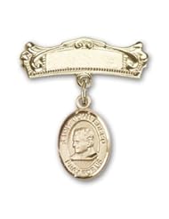 14K Gold Baby Badge with St. John Bosco Charm and Arched Polished Badge Pin