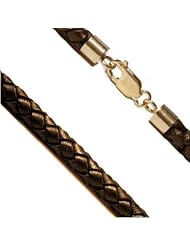 14K Yellow Gold Dark Brown Braided 3mm 24" Leather Cord Necklace