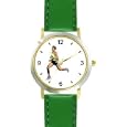 Woman Runner Track & Field - WATCHBUDDY� DELUXE TWO-TONE THEME WATCH - Arabic Numbers - Green Leather Strap-Children's Size-Small ( Boy's Size & Girl's Size )