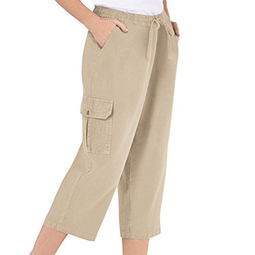 Elastic Waist Cargo Pocket Capri Pant, Khaki, Medium