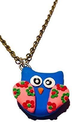 Blue and Pink Owl Charm Necklace, Handmade Polymer Clay Owl Pendant with Floral Designs, Kawaii Owl Woodland Animal Jewelry, Gift Idea for Kids