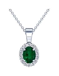 18K White Gold Oval Cut Emerald And Round Diamond Pendant