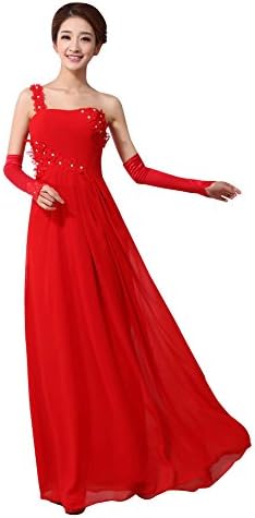 Vogue008 Womens One Shoulder Chiffon Ruching Full Dress Flower and Sewing Beads-18WB-Red