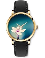 SPRAWL Aanalog Fashion Series Gold Ladies Watches of Genuine Black Leather Strap,Unique Wrist Watch for Women Girls Designed with Beautiful pink flower
