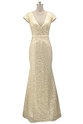 V-neck Mermaid Natural   Waistline Floor Length Cap Sleeves Lace Sequined Prom Dress 