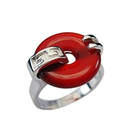 Good Luck Red Jade Platinum Overlay Sterling Silver Ring (Size 7) by