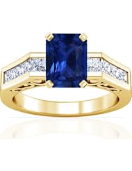 18K Yellow Gold Emerald Cut Blue Sapphire Ring With Sidestones
