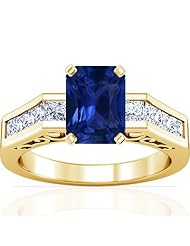 14K Yellow Gold Emerald Cut Blue Sapphire Ring With Sidestones