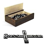 IMAGE OF Double 6 Black Dominoes with White Dots in Wooden Case
