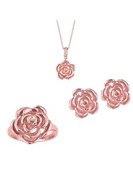 BRI Jewelry Sterling Silver Rose Plated Flower Set - 15mm Pendant on 18" Cable Chain - 16mm Earring and Ring
