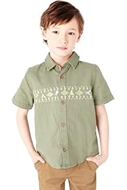 Linen Blend Short Sleeve Embroidered Shirt