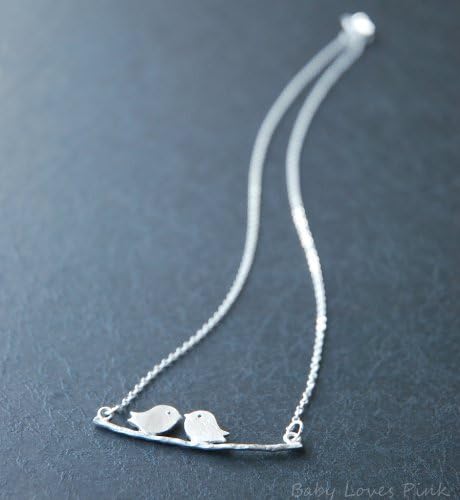 Love Birds Kissing on Tree Branch Necklace - BONUS PACK with Baby Loves Pink Pin Button and Gift Wrap