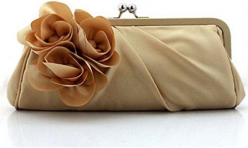 SIL082 Almond Color Camellia Evening Purse Satin Handbag Fashion Bridal Clutch W Removable Chain Gift