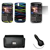 EMPIRE Black Leather Case Pouch with Belt Clip and Belt Loops + Black with Multi Color Zebra Stripes Design Snap-On Cover Case + Screen Protector + Retractable Car Charger (CLA) for Cricket Blackberry Bold 9650