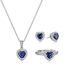 Sterling Silver Created Blue Sapphire and White Topaz Halo Heart Earrings, Ring, and Pendant Necklace Jewelry Set