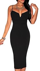 Sexy V-neck Sheath Knee Length Polyester/Spandex Sleeveless Spaghetti Strap Open-Back Stretchy Slit Bodycon Dress 