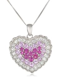14k White Gold Shades of Pink Sapphire and White Sapphire Heart Pendant Necklace, 18"