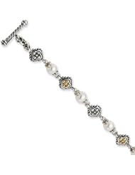 Sterling Silver W/14k 6-6.5mm Freshwater Cultured Pearl 7.5in Bracelet