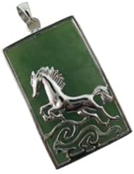 Light Green Jade Wild Stallion Rectangle Pendant, 925 Sterling Silver