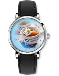 SPRAWL Aanalog Fashion Series Silver Ladies Watches of Genuine Black Leather Strap,Unique Wrist Watch for Women Girls Designed with Cup of coffee with flowers