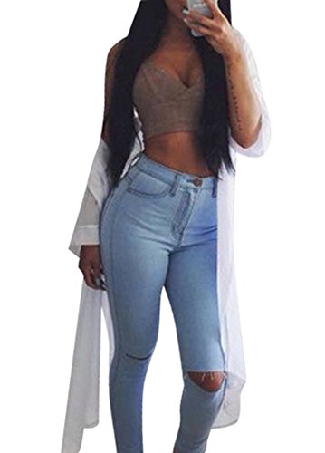 Creabygirls Women's Knee Ripped Hole High Waist Denim Jeans Pants