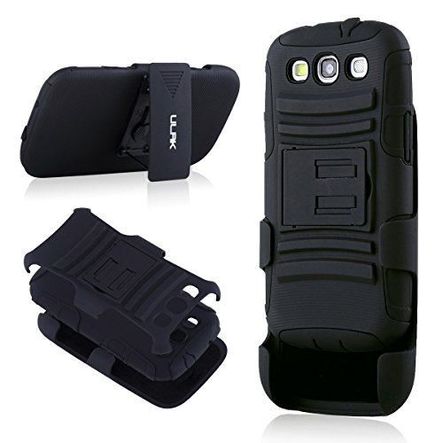 Galaxy s3 case,S3 Case, ULAK [Heavy Duty] Black Holster Protective Hybrid Case with Built-in Kickstand Belt Clip Dust Scratch Shock Resistance Anti-slip Cover for Samsung Galaxy S3 III i9300