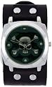 Skull Bones Chrome Circle Trendy Design Steel Green Dial Punk Gothic Skater Wide Black Leather Band Wrist Watch