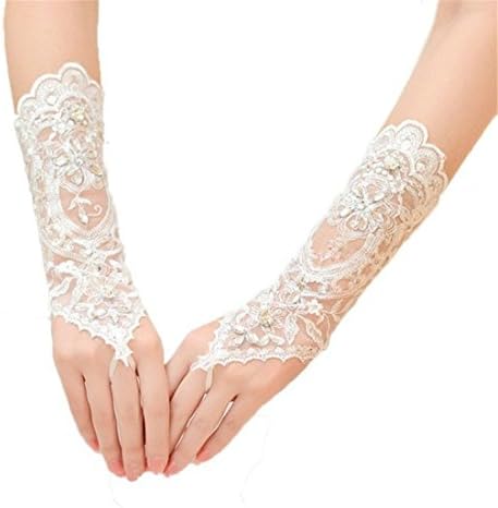 Silver Moonlight Womens Bridal Gloves Lace Rhinestone Fingerless Gloves for Wedding (Ivory)
