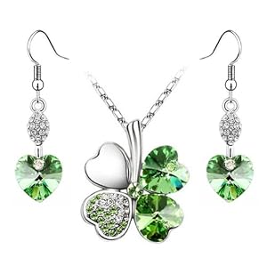 Kleeblatt Kette Herz Ohrringe mit Swarovski Elements Set Peridot Grün