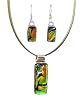 Necklace and Earrings Set - XS-20 - Genuine Handmade Dichroic Glass Pendant and Earrings - Hung on a 16" Stainless Steel Green Colored Multi-Strand Cord + 2" Extension Chain and French Wires ~ All Findings and Earring wires are made of .925 Sterling Silver