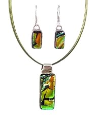 Necklace and Earrings Set - XS-20 - Genuine Handmade Dichroic Glass Pendant and Earrings - Hung on a 16" Stainless Steel Green Colored Multi-Strand Cord + 2" Extension Chain and French Wires ~ All Findings and Earring wires are made of .925 Sterling Silver