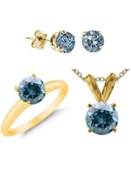 1 CT Blue Diamond Set 14K White Gold - Ring, Pendant & Earrings